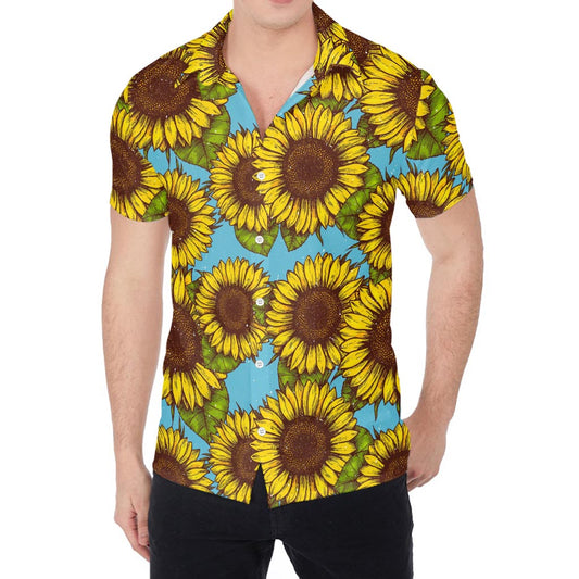Blue Vintage Sunflower Pattern Print Men's Shirt