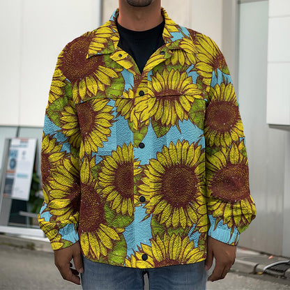 Blue Vintage Sunflower Pattern Print Men's Shirt Jacket