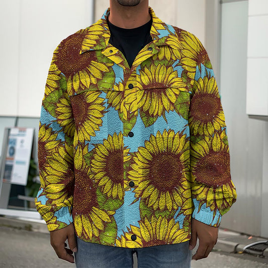 Blue Vintage Sunflower Pattern Print Men's Shirt Jacket
