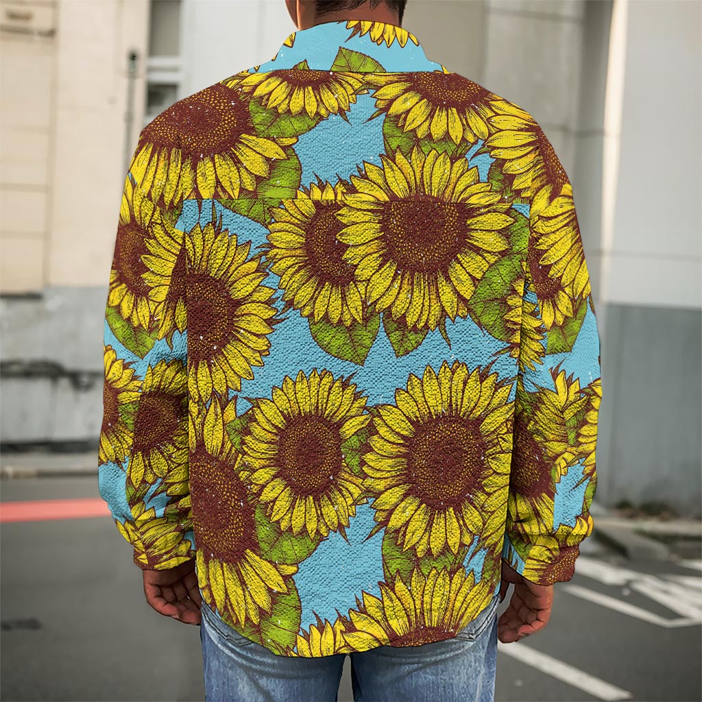 Blue Vintage Sunflower Pattern Print Men's Shirt Jacket