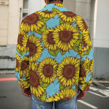 Blue Vintage Sunflower Pattern Print Men's Shirt Jacket