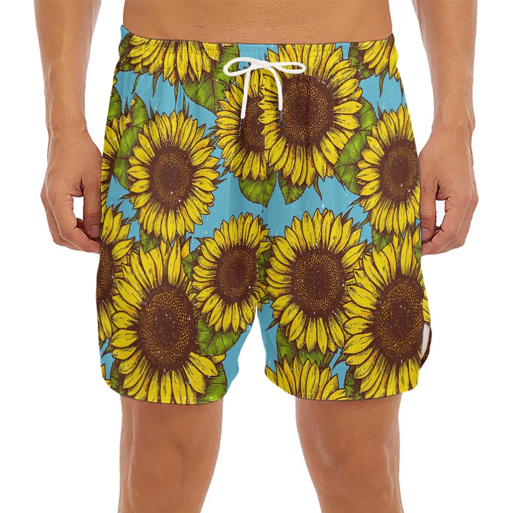 Blue Vintage Sunflower Pattern Print Men's Split Running Shorts