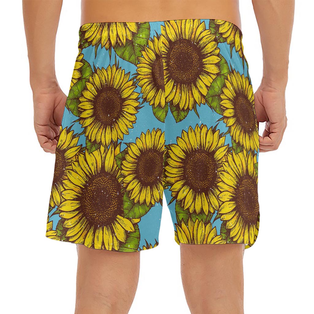 Blue Vintage Sunflower Pattern Print Men's Split Running Shorts