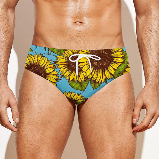 Blue Vintage Sunflower Pattern Print Men's Swim Briefs