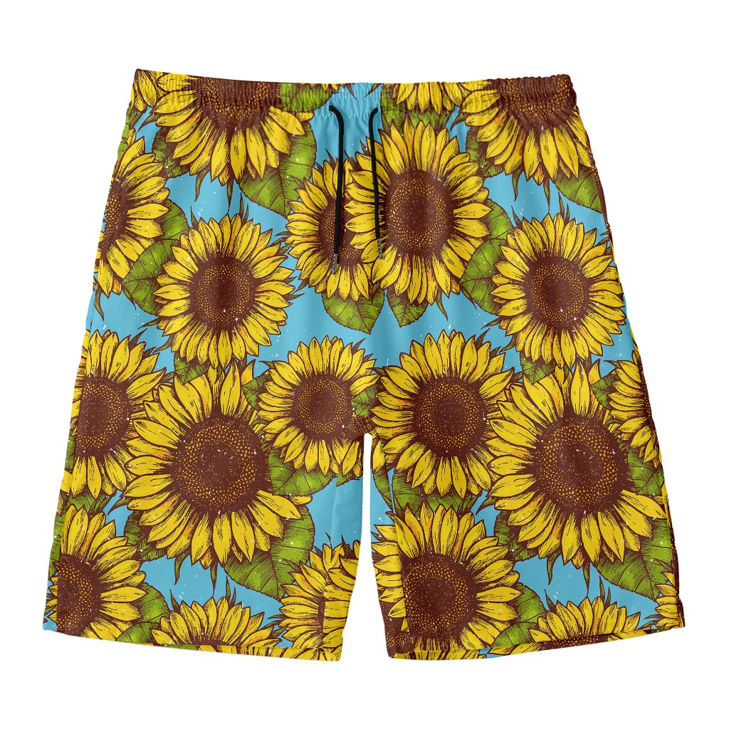 Blue Vintage Sunflower Pattern Print Men's Swim Trunks