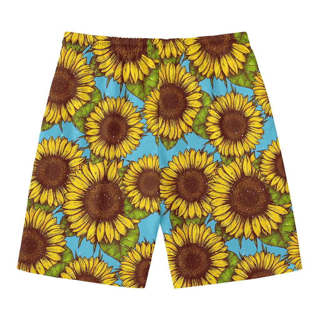 Blue Vintage Sunflower Pattern Print Men's Swim Trunks