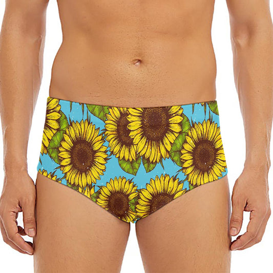 Blue Vintage Sunflower Pattern Print Men's Triangle Swim Briefs