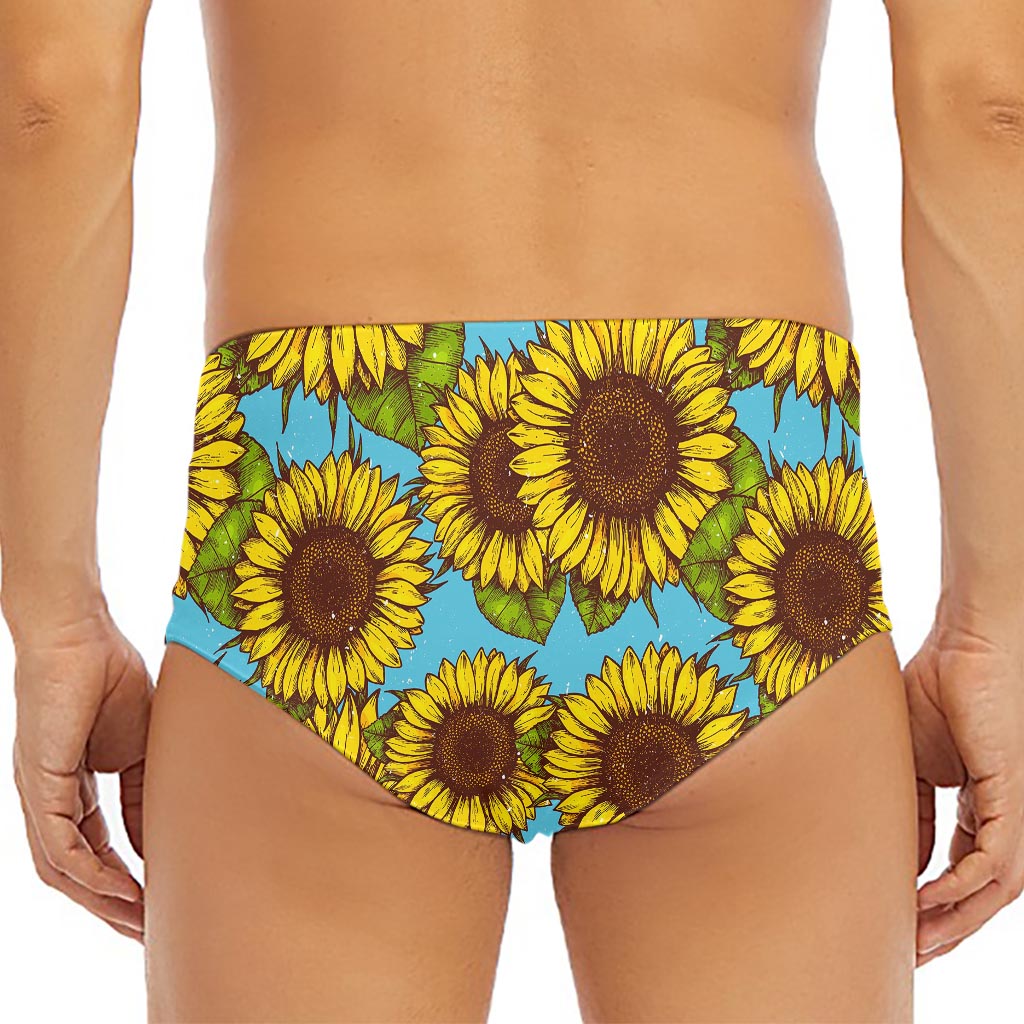 Blue Vintage Sunflower Pattern Print Men's Triangle Swim Briefs