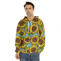 Blue Vintage Sunflower Pattern Print Men's Velvet Pullover Hoodie