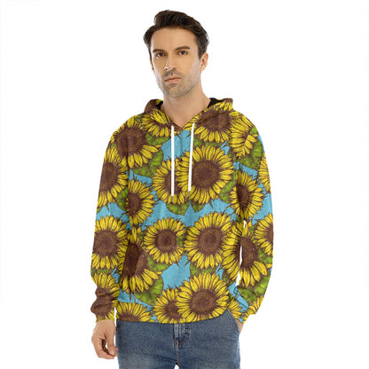Blue Vintage Sunflower Pattern Print Men's Velvet Pullover Hoodie