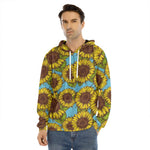 Blue Vintage Sunflower Pattern Print Men's Velvet Pullover Hoodie
