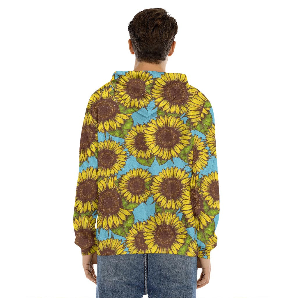 Blue Vintage Sunflower Pattern Print Men's Velvet Pullover Hoodie