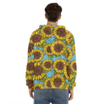 Blue Vintage Sunflower Pattern Print Men's Velvet Pullover Hoodie