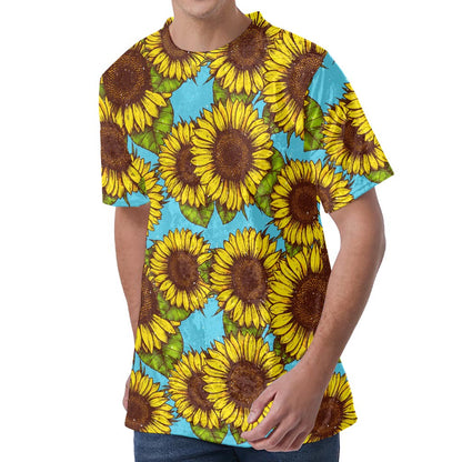 Blue Vintage Sunflower Pattern Print Men's Velvet T-Shirt