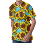 Blue Vintage Sunflower Pattern Print Men's Velvet T-Shirt