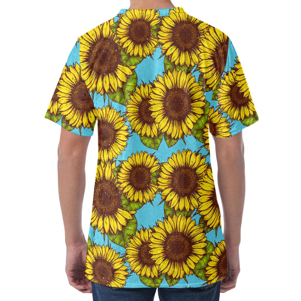 Blue Vintage Sunflower Pattern Print Men's Velvet T-Shirt