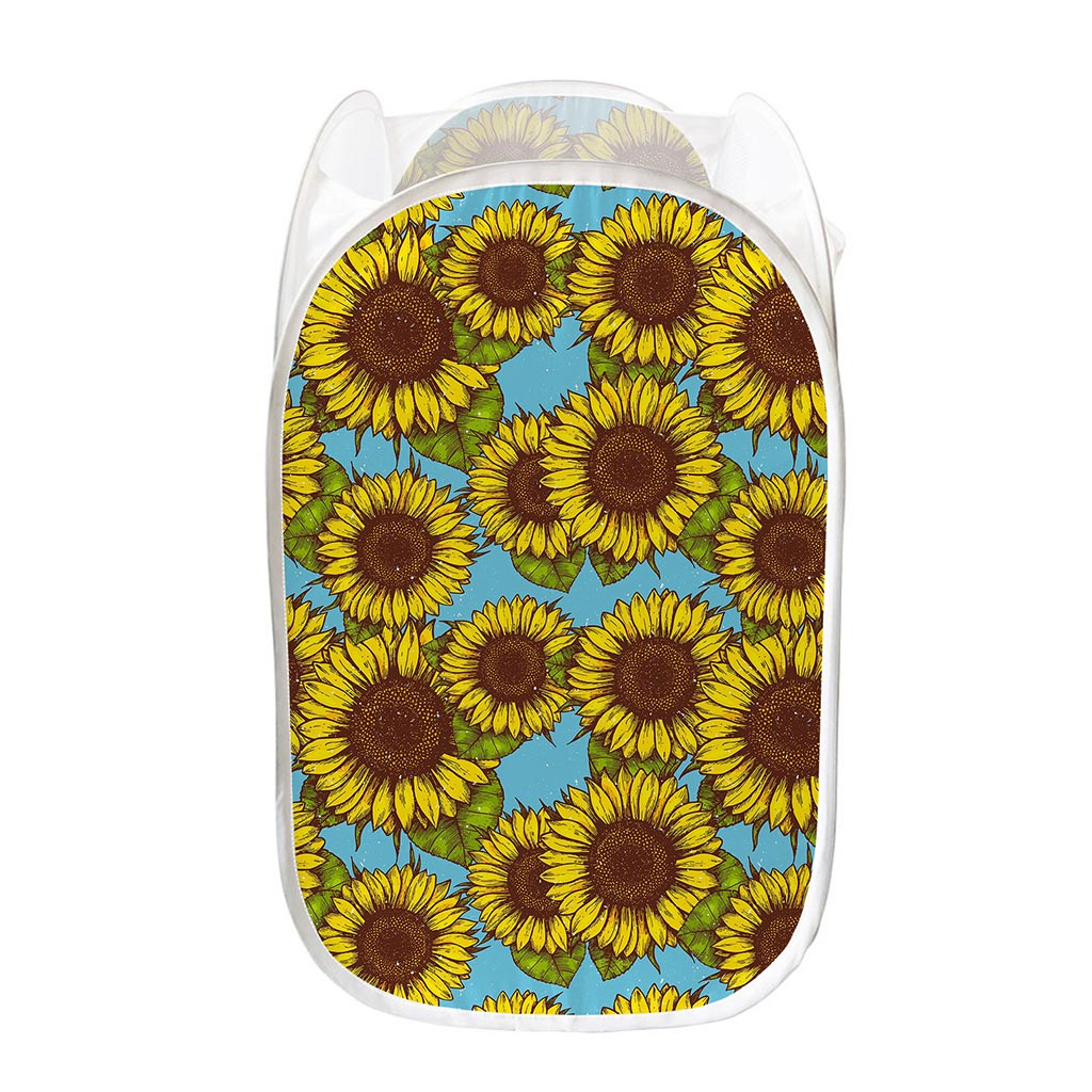 Blue Vintage Sunflower Pattern Print Mesh Laundry Hamper