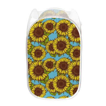 Blue Vintage Sunflower Pattern Print Mesh Laundry Hamper