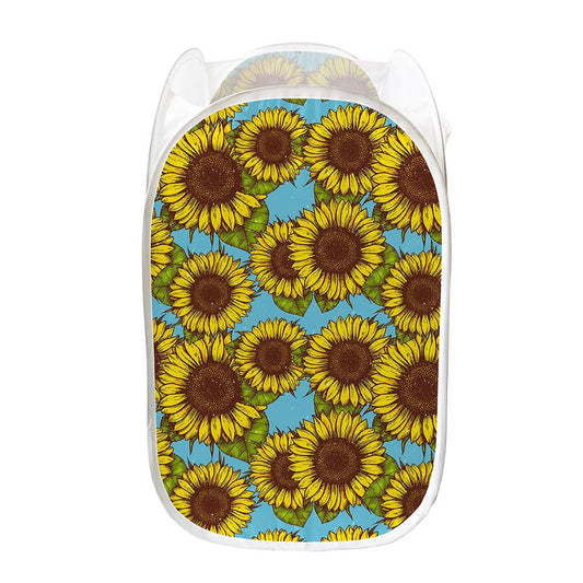 Blue Vintage Sunflower Pattern Print Mesh Laundry Hamper
