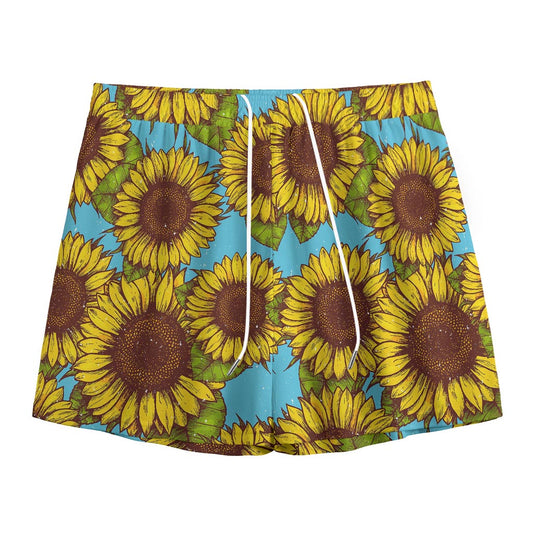 Blue Vintage Sunflower Pattern Print Mesh Shorts
