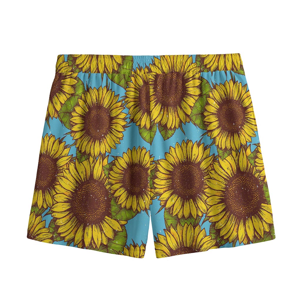 Blue Vintage Sunflower Pattern Print Mesh Shorts