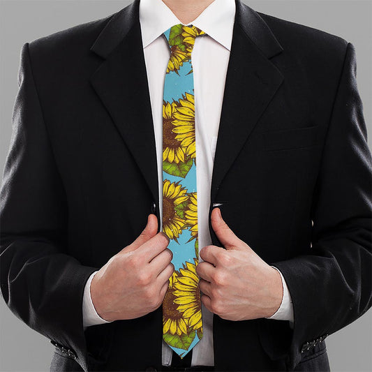 Blue Vintage Sunflower Pattern Print Necktie