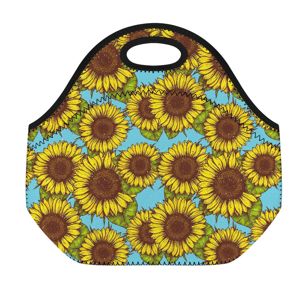 Blue Vintage Sunflower Pattern Print Neoprene Lunch Bag