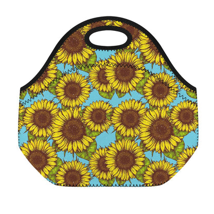 Blue Vintage Sunflower Pattern Print Neoprene Lunch Bag