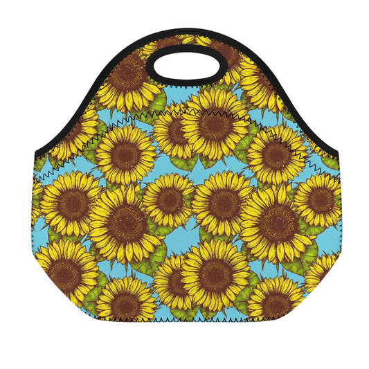 Blue Vintage Sunflower Pattern Print Neoprene Lunch Bag
