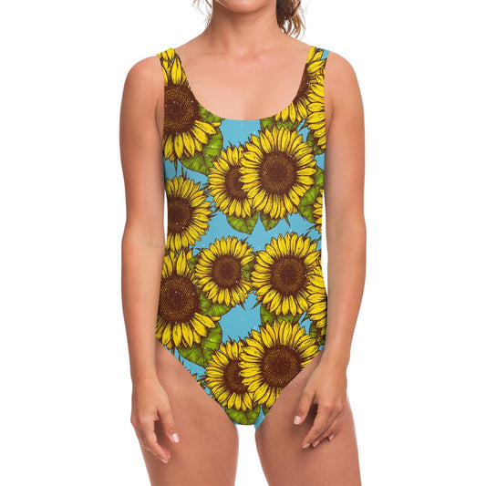 Blue Vintage Sunflower Pattern Print One Piece Swimsuit