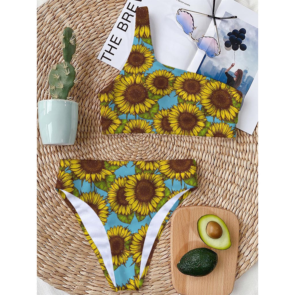 Blue Vintage Sunflower Pattern Print One Shoulder Bikini Top