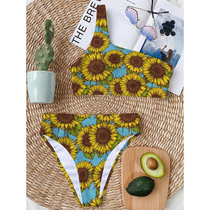 Blue Vintage Sunflower Pattern Print One Shoulder Bikini Top