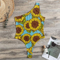 Blue Vintage Sunflower Pattern Print One Shoulder Bodysuit