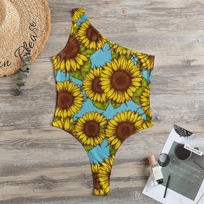 Blue Vintage Sunflower Pattern Print One Shoulder Bodysuit
