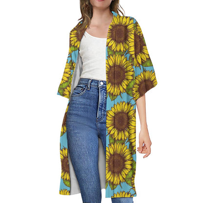 Blue Vintage Sunflower Pattern Print Open Front Beach Cover Up