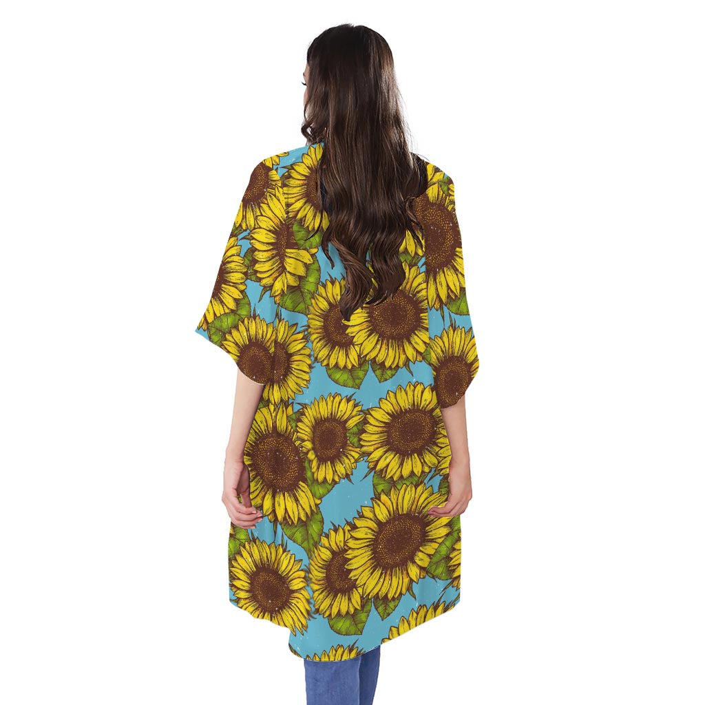Blue Vintage Sunflower Pattern Print Open Front Beach Cover Up