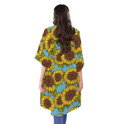 Blue Vintage Sunflower Pattern Print Open Front Beach Cover Up