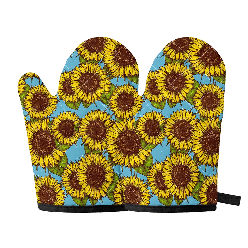 Blue Vintage Sunflower Pattern Print Oven Mitts
