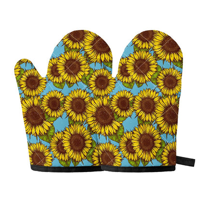 Blue Vintage Sunflower Pattern Print Oven Mitts