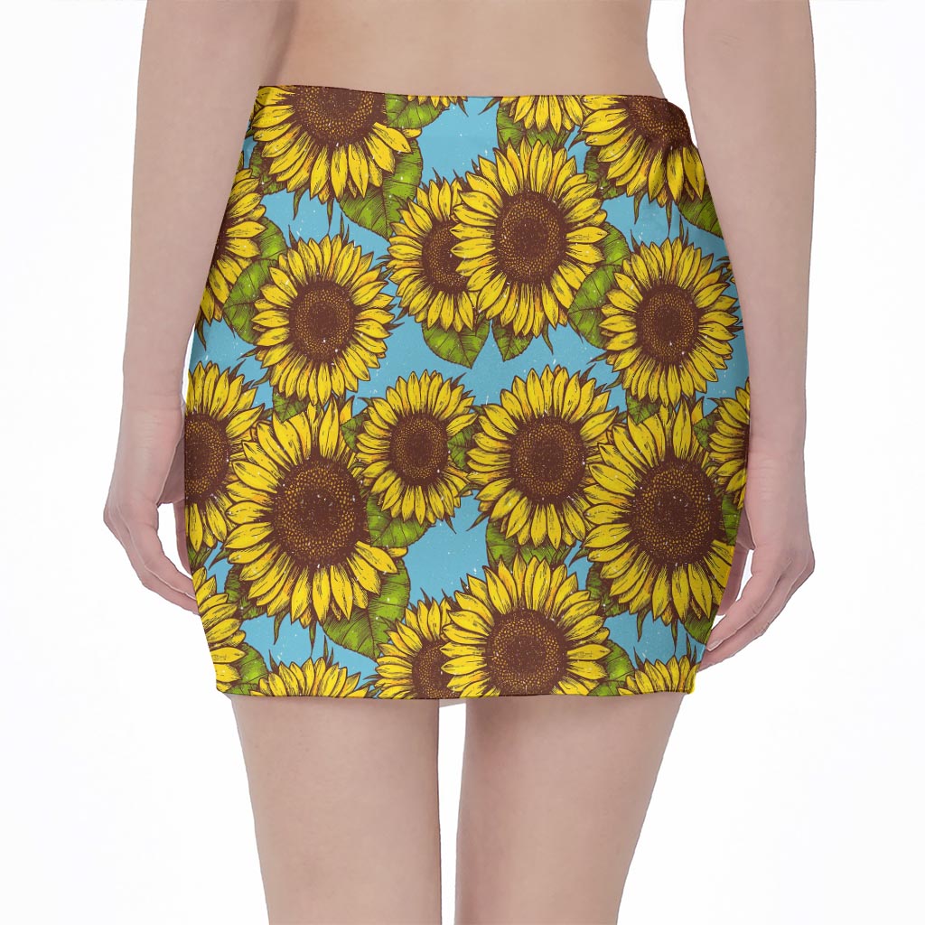 Blue Vintage Sunflower Pattern Print Pencil Mini Skirt