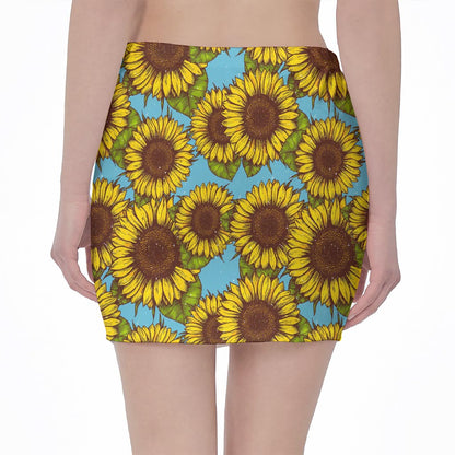 Blue Vintage Sunflower Pattern Print Pencil Mini Skirt