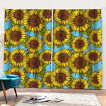 Blue Vintage Sunflower Pattern Print Pencil Pleat Curtains