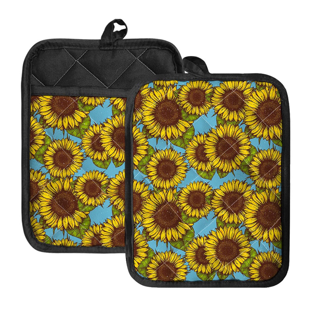 Blue Vintage Sunflower Pattern Print Pot Holders With Pocket