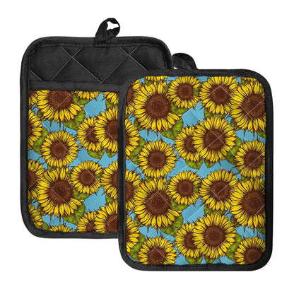 Blue Vintage Sunflower Pattern Print Pot Holders With Pocket