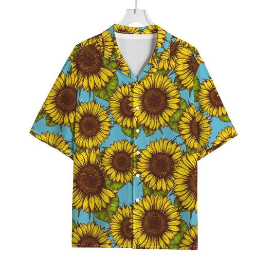 Blue Vintage Sunflower Pattern Print Rayon Hawaiian Shirt