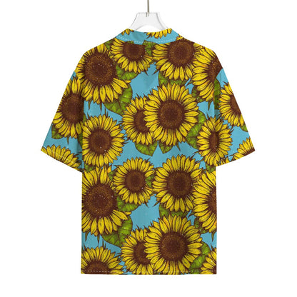 Blue Vintage Sunflower Pattern Print Rayon Hawaiian Shirt
