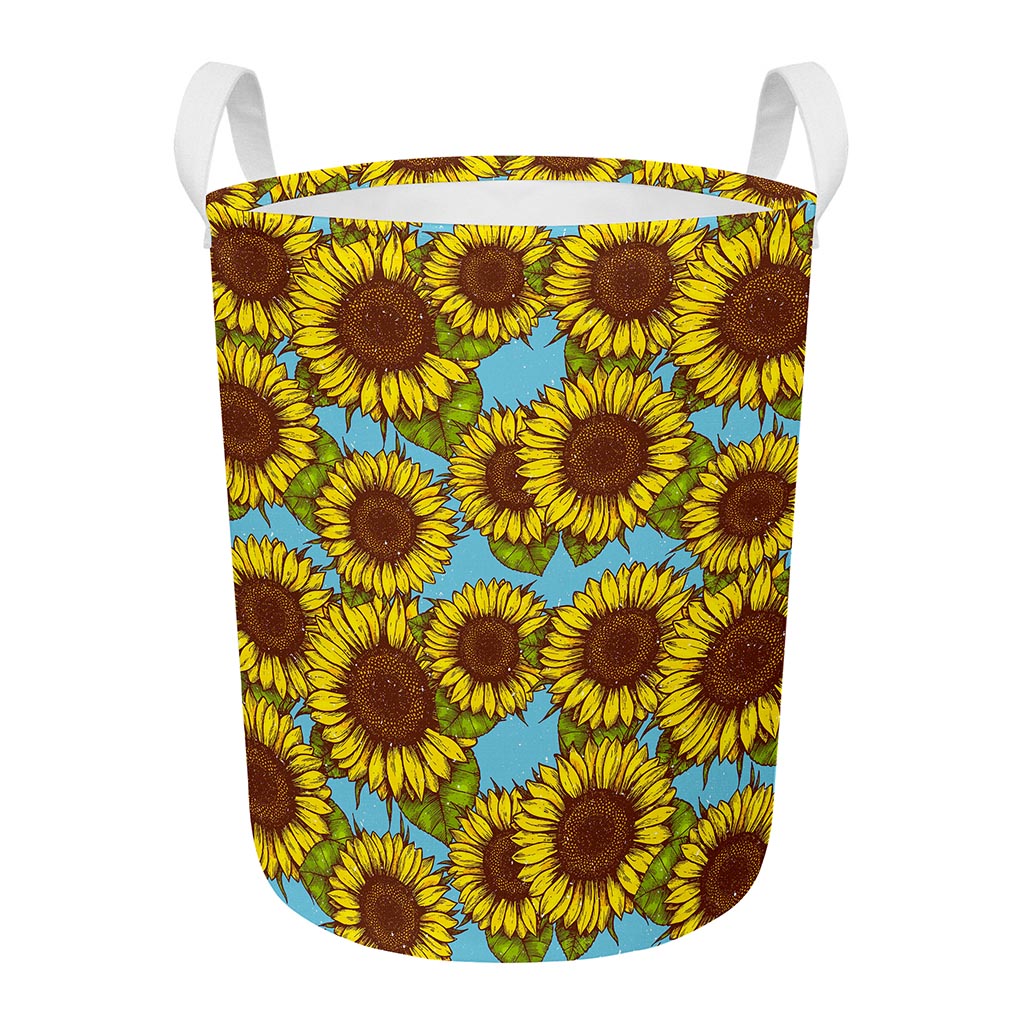 Blue Vintage Sunflower Pattern Print Round Laundry Basket