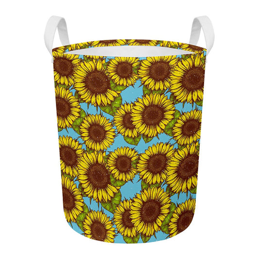 Blue Vintage Sunflower Pattern Print Round Laundry Basket