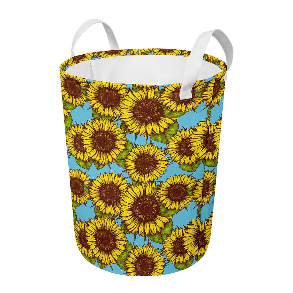 Blue Vintage Sunflower Pattern Print Round Laundry Basket