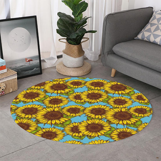 Blue Vintage Sunflower Pattern Print Round Rug